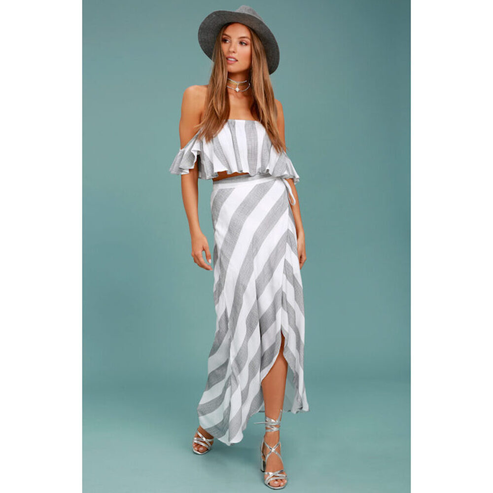 Lulus Golden Sunset Grey And White Striped Wrap Maxi Skirt - Size S
